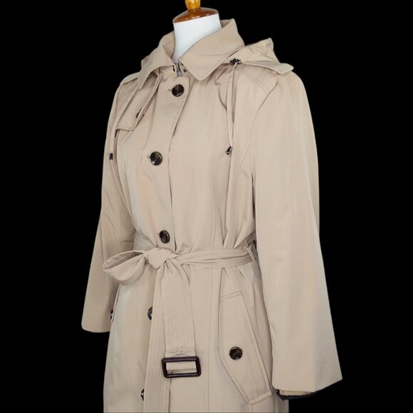 London Fog Maxi Trench Coat Size Large Hooded Belt Removable Liner Khaki - Picture 11 of 16
